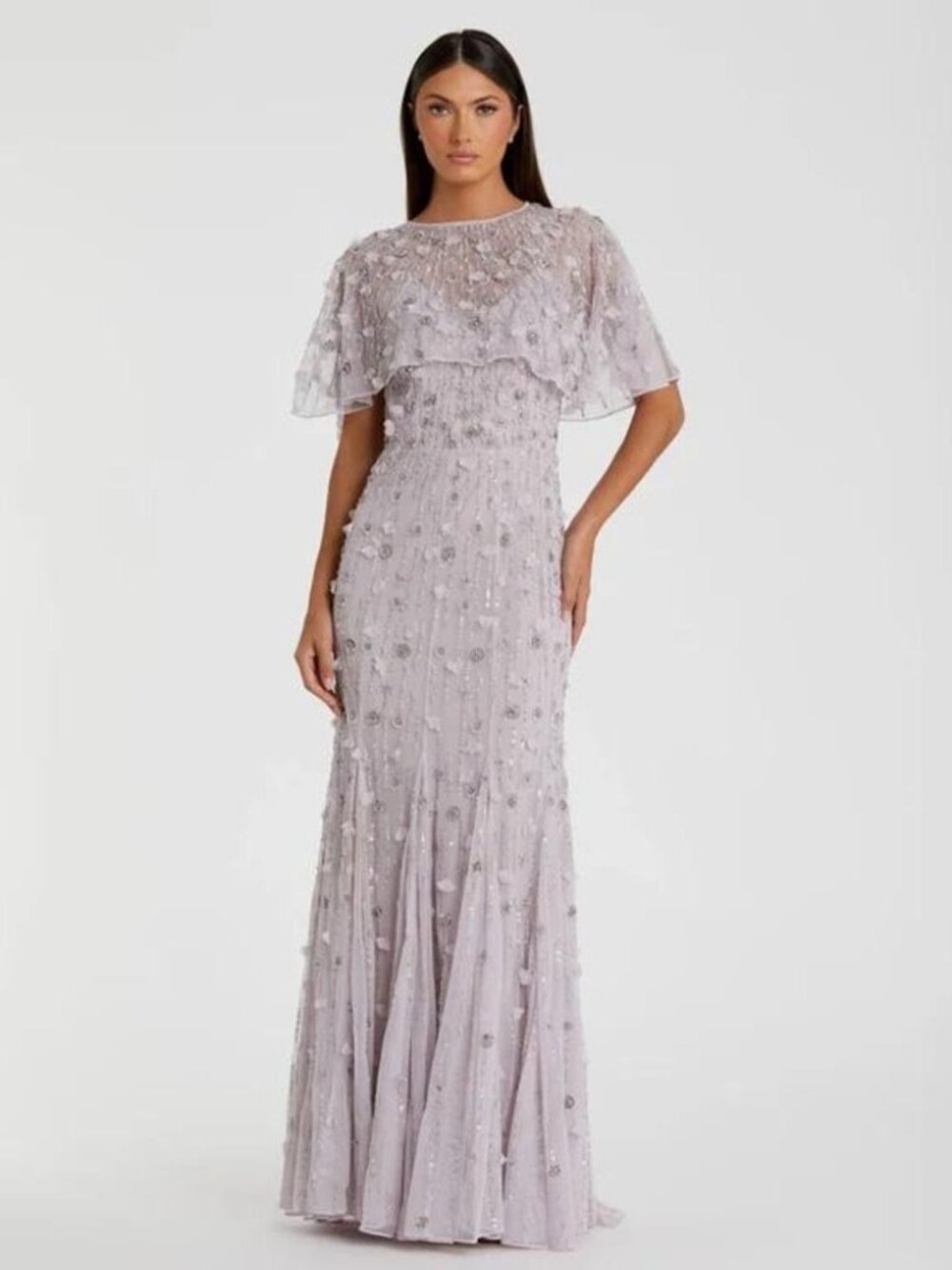 NWT $698 Mac Duggal [ 10 ] Embellished Cape Sleeve Trumpet Gown in Lilac Purple‎